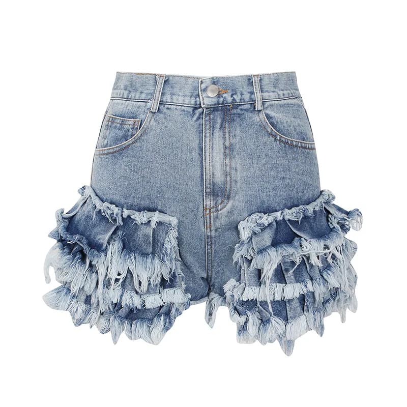 Women's sexy denim shorts, distressed effect, with blurred edge, high waist, Y2K style, vintage streetwear, aged effect washing.