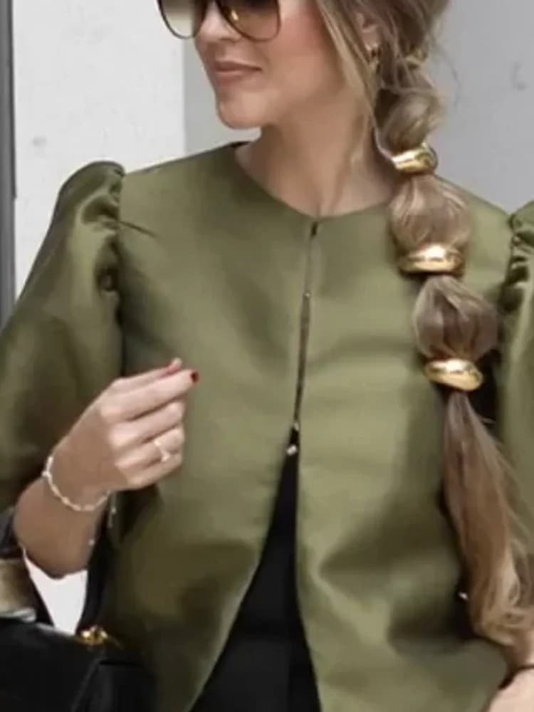 2025 New Chic Solid Puff Camicie da donna a maniche corte Elegante colletto tondo Fibbie nascoste Top corto Donna Elegante streetwear