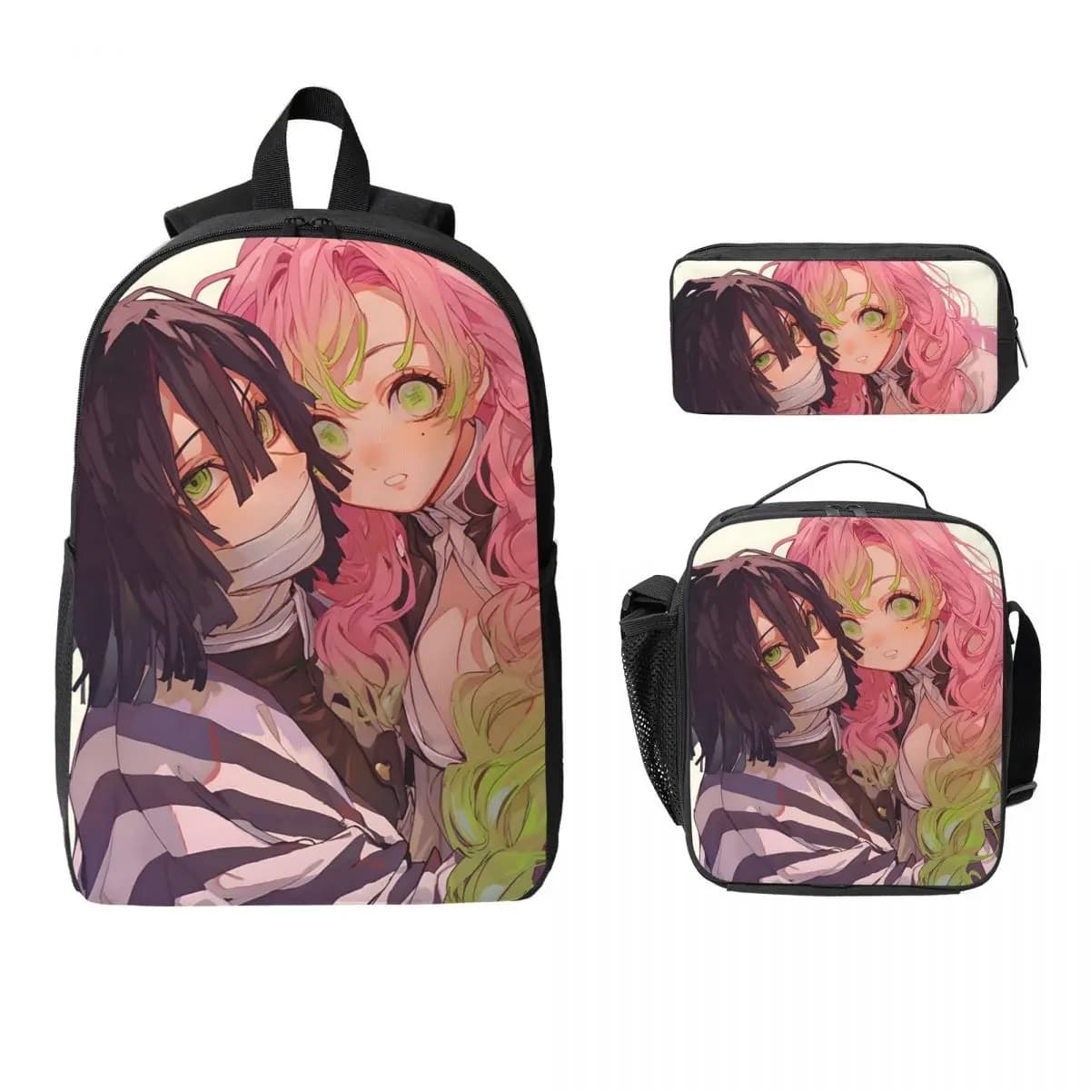 Mitsuri Kanroji e Iguro Obanai Zaino Studente Ragazzo Ragazze BookBag Borsa da scuola Borse a tracolla Borsa da pranzo isolata 3ps Astuccio