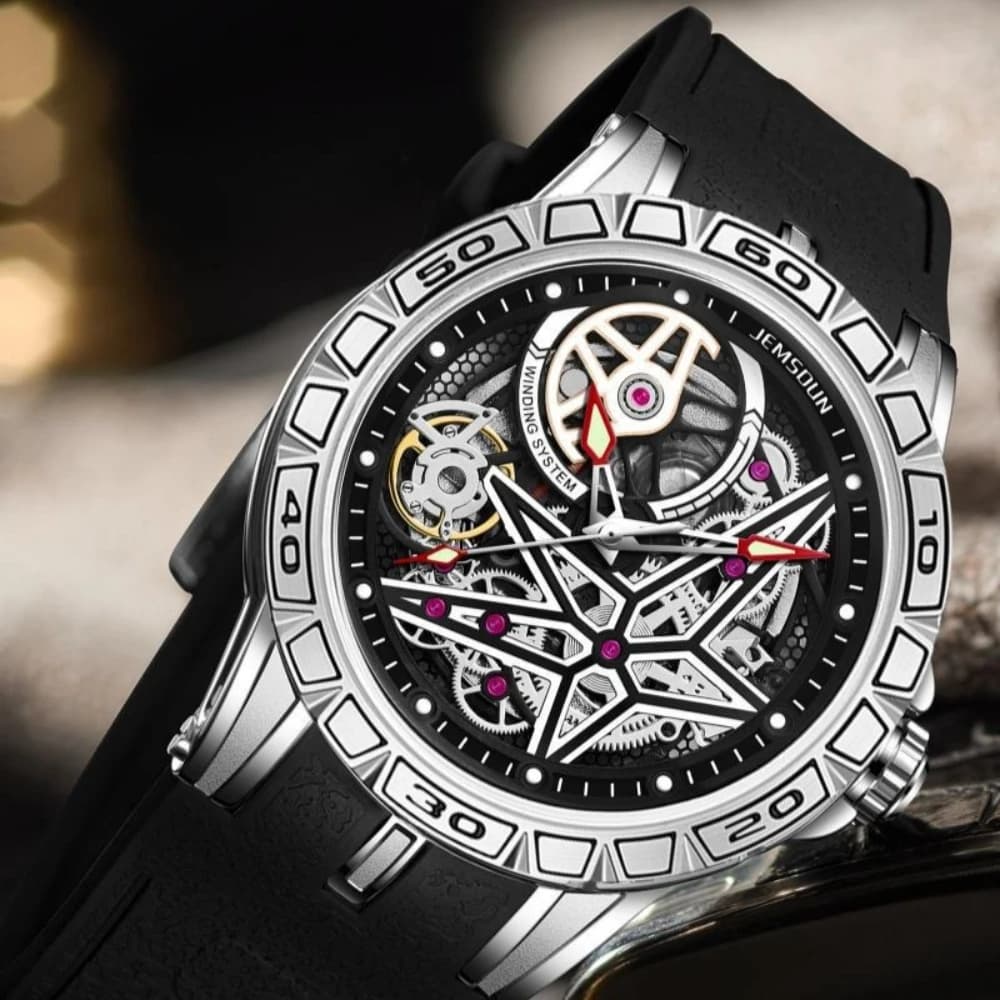Creative 3D Quartz Watches Men Imitation Mechanical Skeleton Metal Engraved Big Dial AAA Cool Luxury Rubber Strap Watch Watch