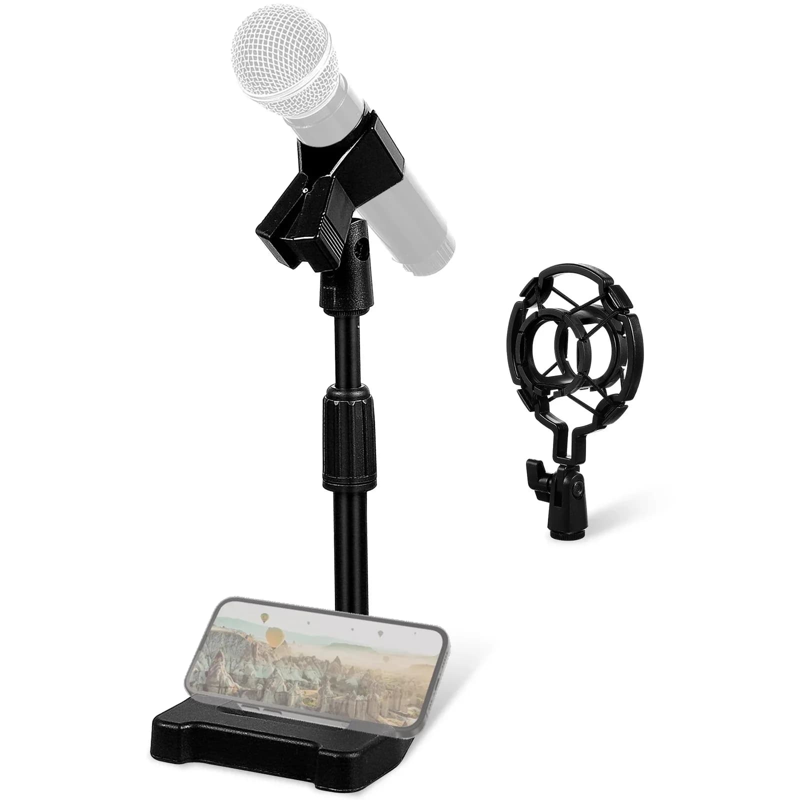 Set Combo Supporto Microfono Multifunzione (Include Supporto per Telefono/Tablet + Clip a Molla + Supporto Antiurto) Regolabile in Altezza e Angolazione per Microfono/Apparecchio 360° ° Rotazione Facile Adatta a Varie Posizioni di Utilizzo