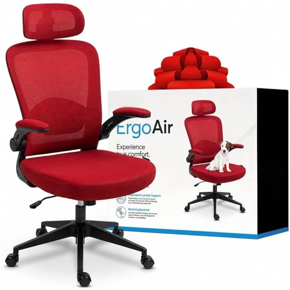 ErgoAir Ergonomic Office Chair – Adjustable Lumbar Support, Flip-Up Armrests, Mesh Computer Desk Chair, Swivel Rolling Executive Gaming Chair for Home & Office (Red)