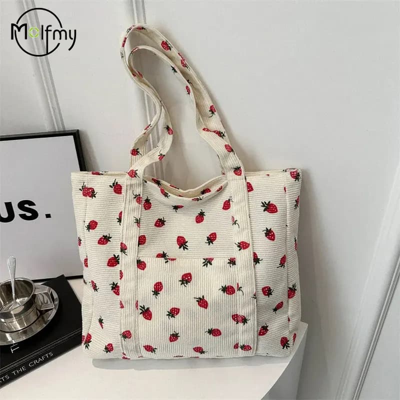 Borsa a mano in velluto a coste con fragole, borsa da spiaggia alla moda, borsa a tracolla versatile, borsa tote da donna semplice e capiente per il pendolarismo, Bolsos