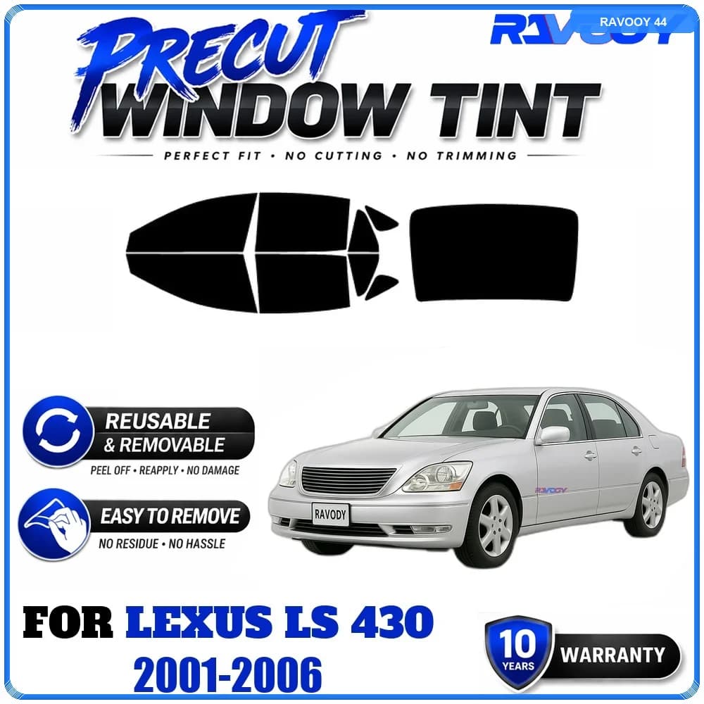 RAVOOY Precut Window Tint, Reusable Removable EPU Film, Custom Fit for Lexus LS 430 2001-2006, UV Heat Protection