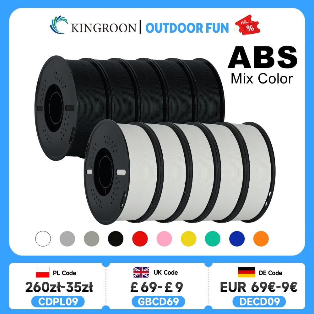 KINGROON 5KG (11LBS) ABS Filament 1,75mm High Strength Tenacity 3D Printer Material Black White Multicolor ABS 1 kg * 5 rolls