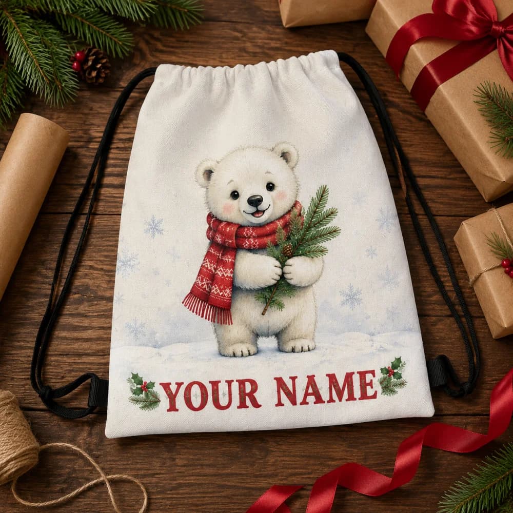 Polyester Custom Name Drawstring Backpack, Winter Christmas Polar Bear Pattern Shoulder Sack, X‑mas Holiday Gift Bag