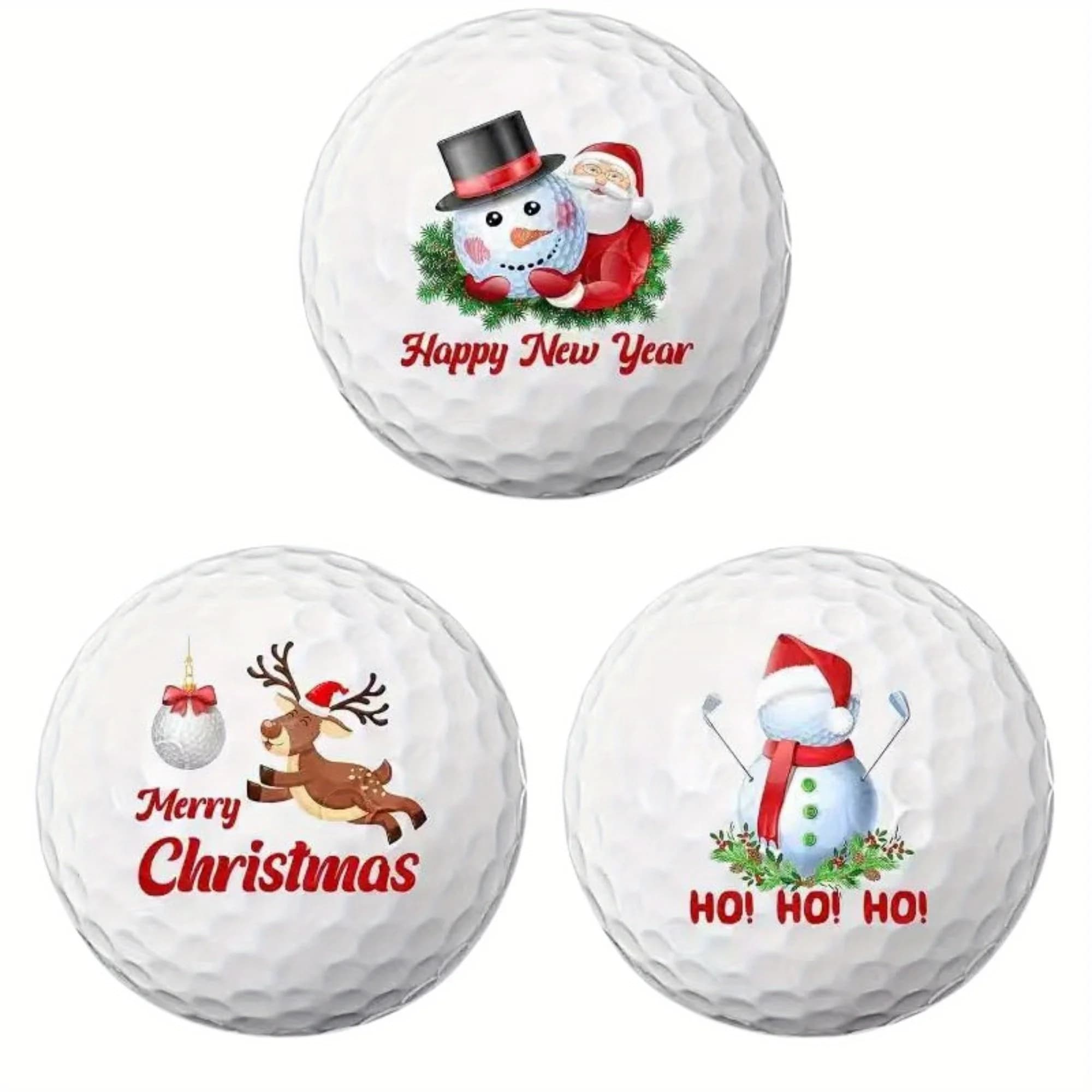 3 palline da golf festive, disegni a tema natalizio con renna di Babbo Natale e decorazioni natalizie, materiale in gomma ideale