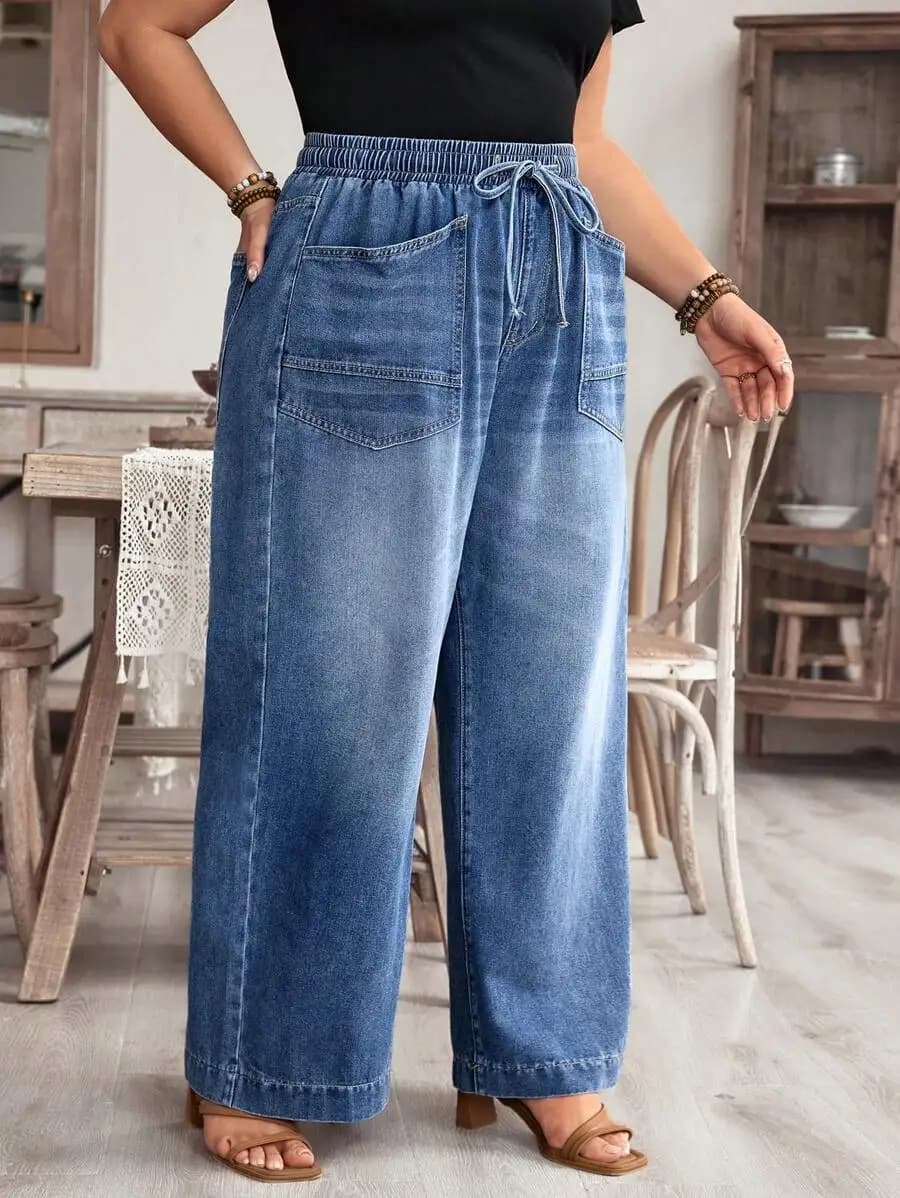 Pantaloni in denim casual a gamba larga taglie forti con coulisse in vita per l'estate