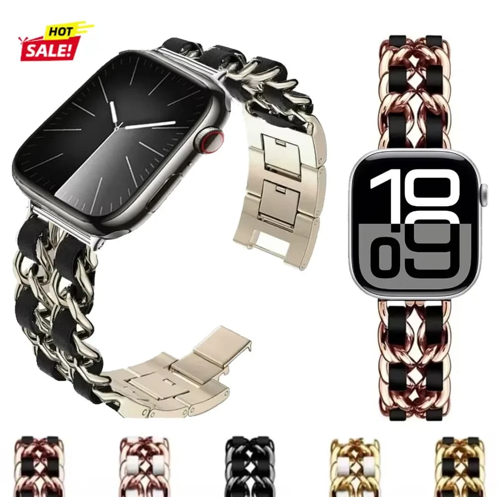 Catena + cinturino in metallo in pelle per Apple Watch Ultra 3/2 49mm 11-10-9-8-7-6-SE3 cinturino moda iWatch 46/42/45/41/44/40mm cintura