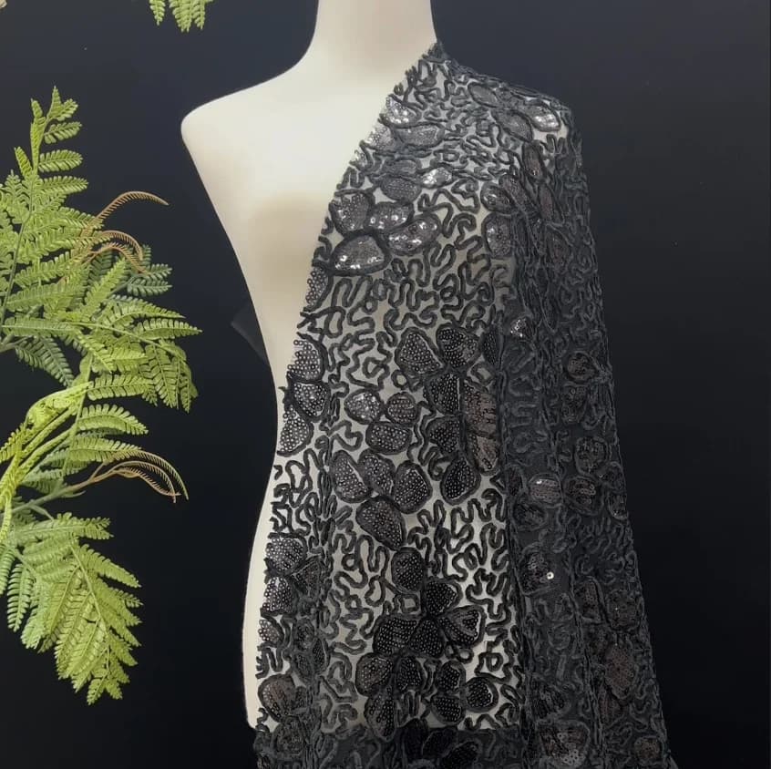2Yds 130cm Wide Black Chenille Cord Lace Fabric Sequins Tulle Mesh Embroidery Material for Wedding Dresses Women's Clothing F052