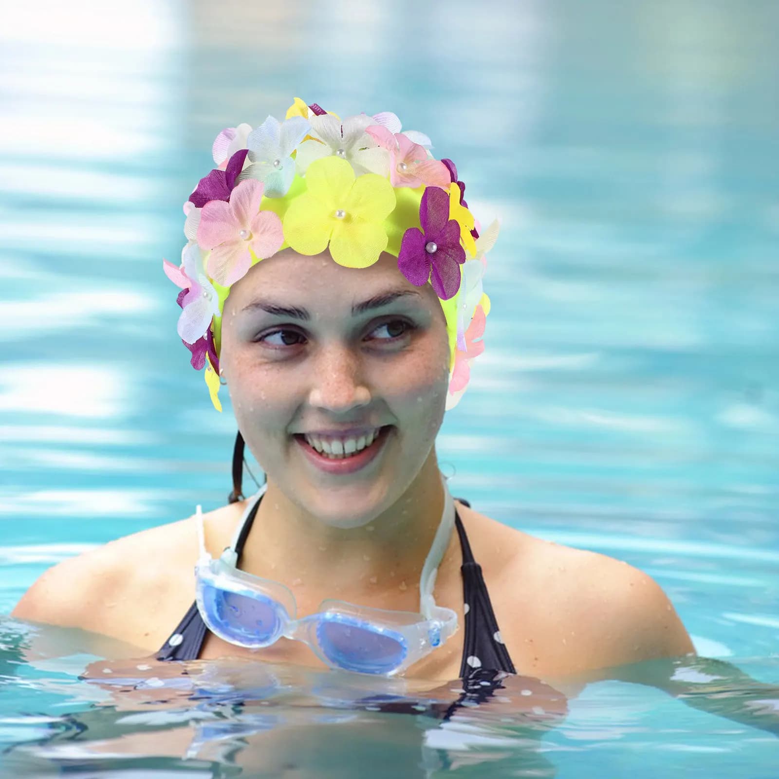2Pcs Floral Swim Cap Women Adult Cute Summer Swimming Hat with Handsewn 3D Petals Comfortable Elastic Fit for Pool Beach