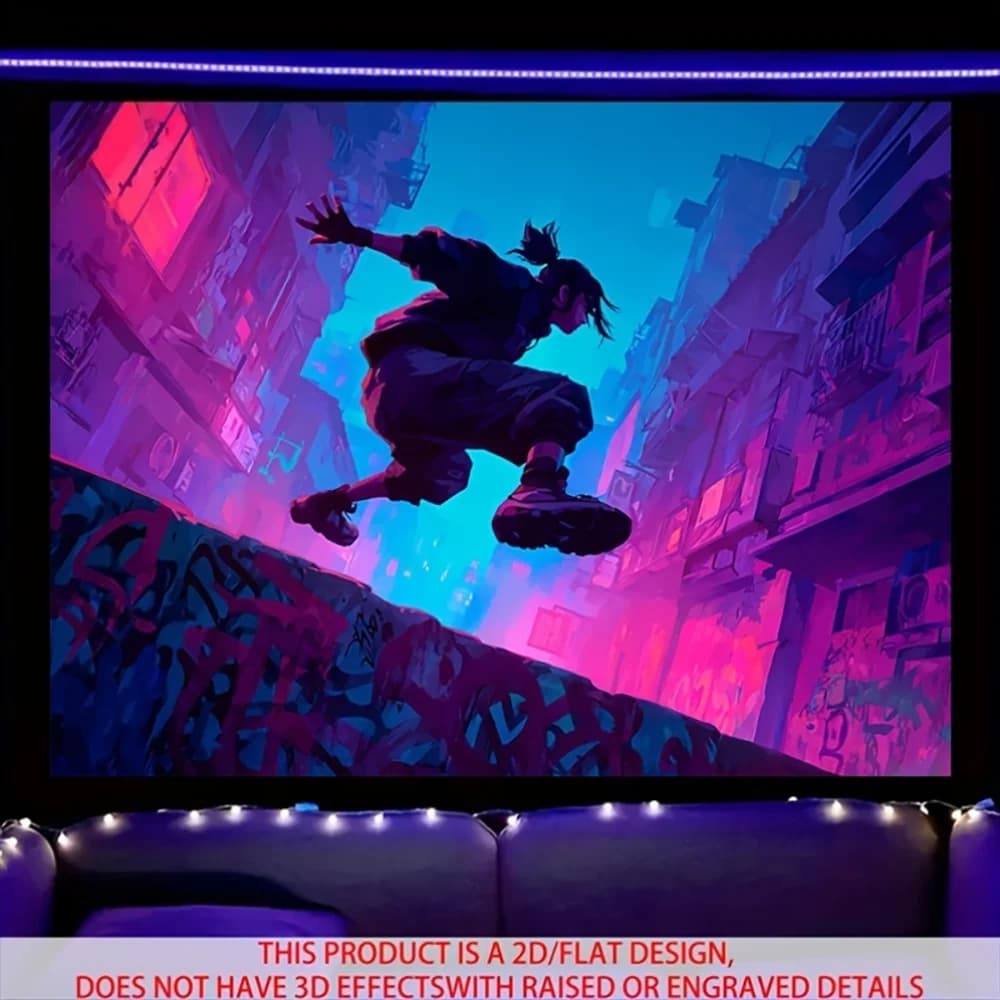 1pc Cyberpunk City Parkour Boy Wall Tapestry, Neon Synthwave Cityscape Hanging Decor for Bedroom Living Room Dorm