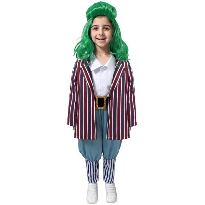 Film Chocolate Factory Oompa Costume Cosplay Bambini Cappotto Pantaloni Cintura Set completo Loompa Gioco di ruolo Vestito per bambini Festa di Halloween