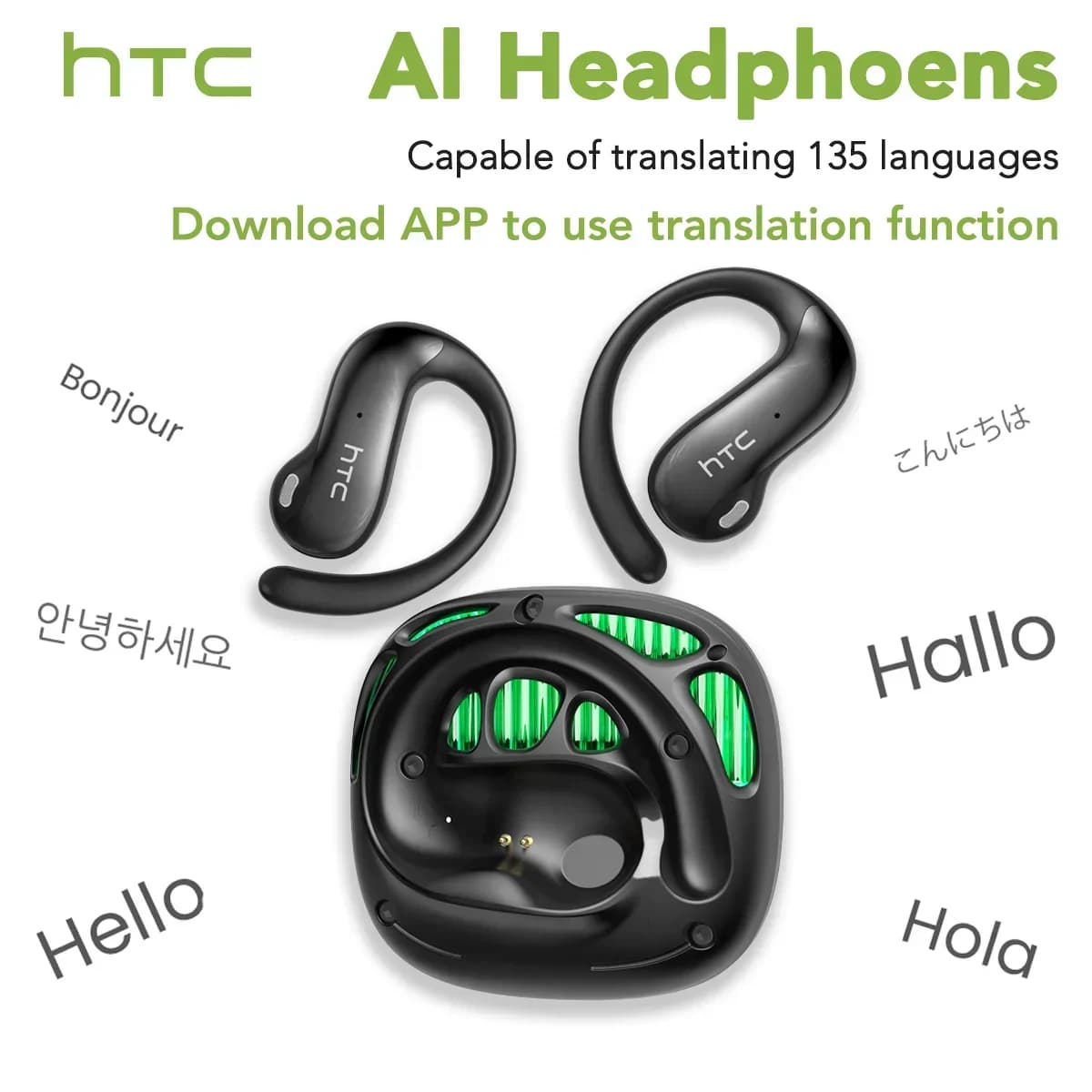 Auricolari Bluetooth V6.0 HTC NE30 Auricolari traduttore AI Auricolari sportivi OWS Cuffie wireless con microfono sensibile ad alta definizione