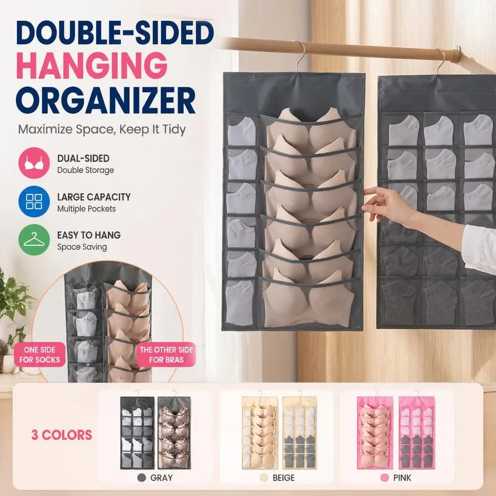2-sided Hanging Storage Bag Underwear Socks Bras Home Use Wardrobe Hanging Bag Pink Grey Beige Modern Simple Style