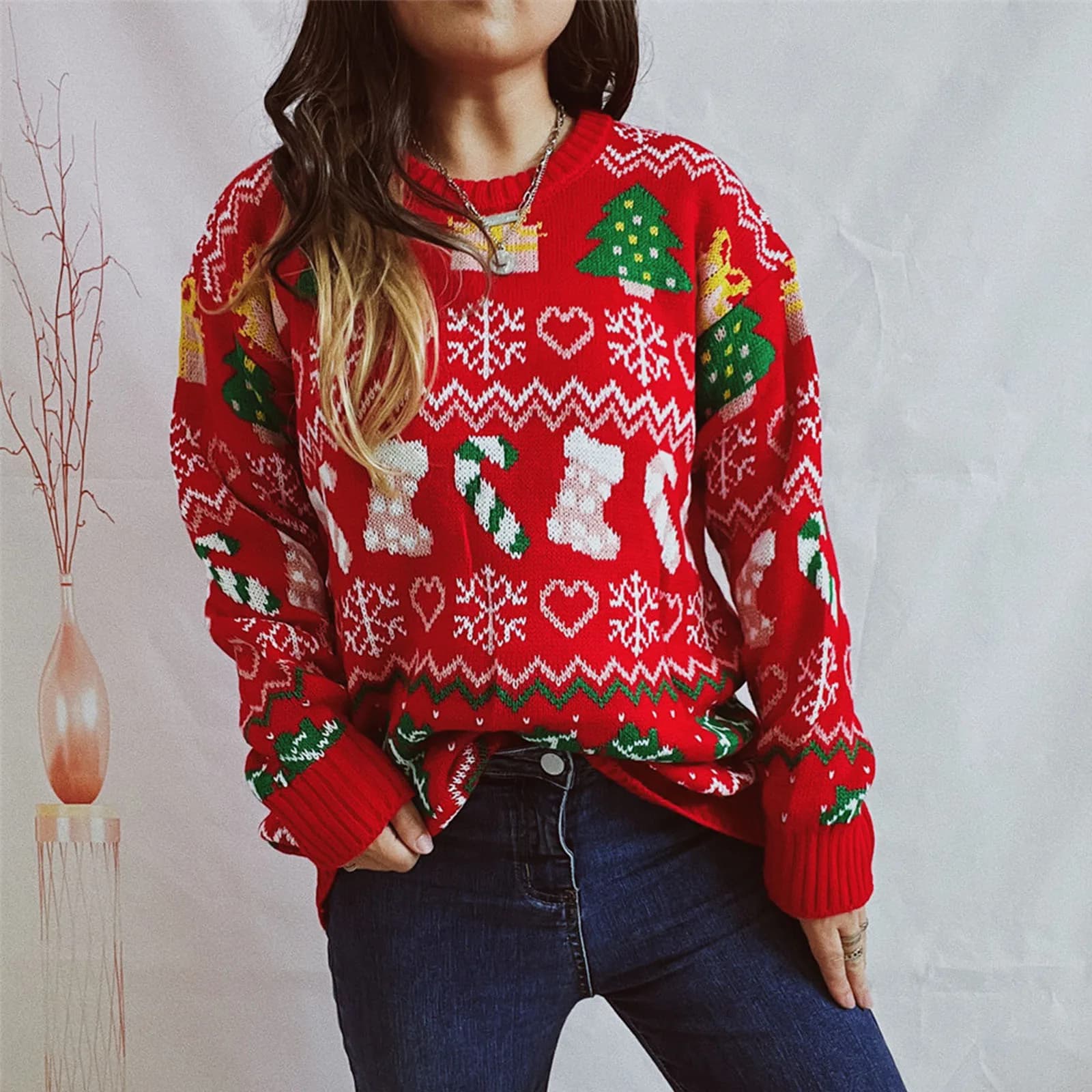 Maglioni natalizi da donna manica lunga girocollo fiocco di neve calza stampa Pullover Casual top in maglia
