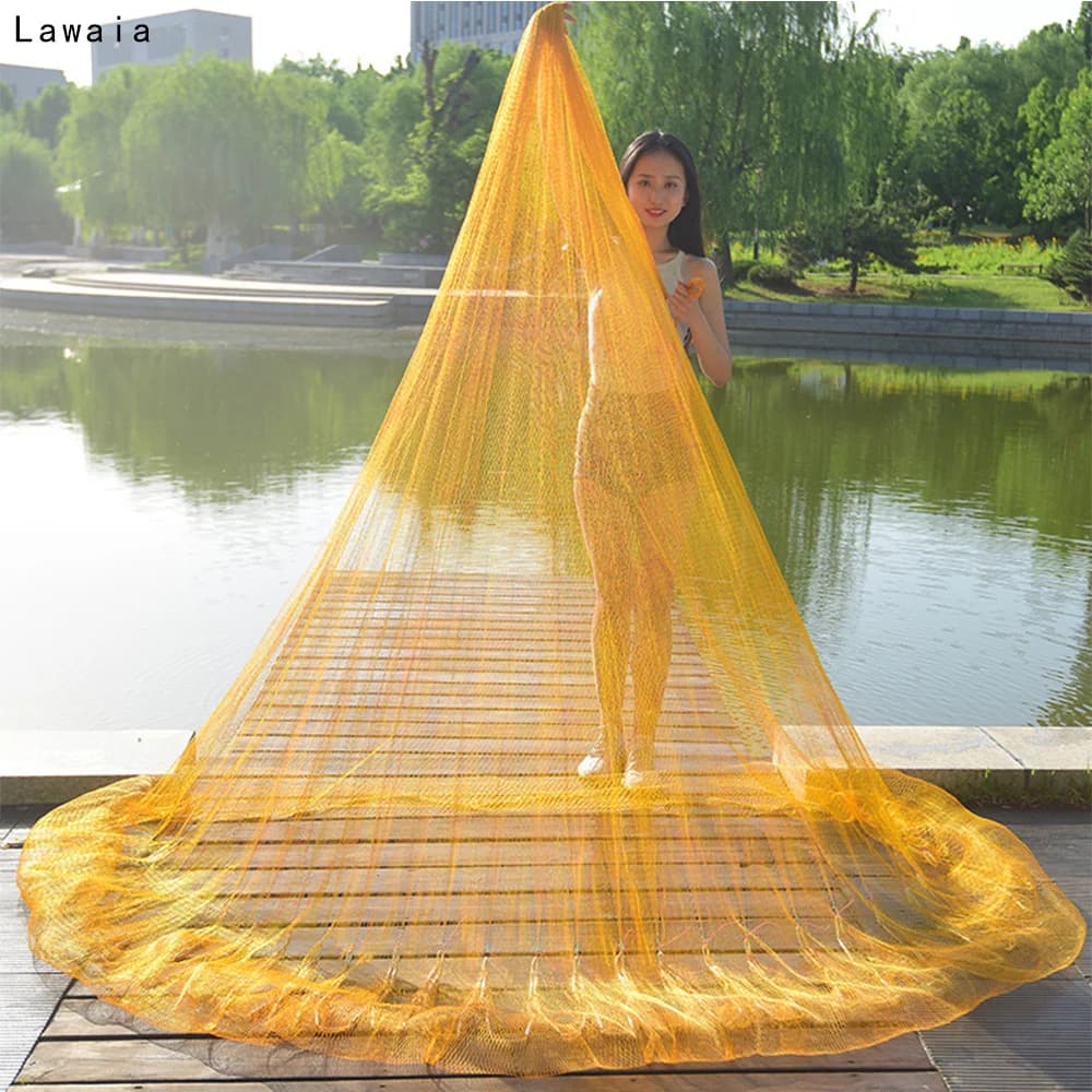 Rete da lancio tradizionale Lawaia Linea in nylon multifilamento giallo Ciondolo in acciaio Peso Reti da pesca da lancio a mano Guadino