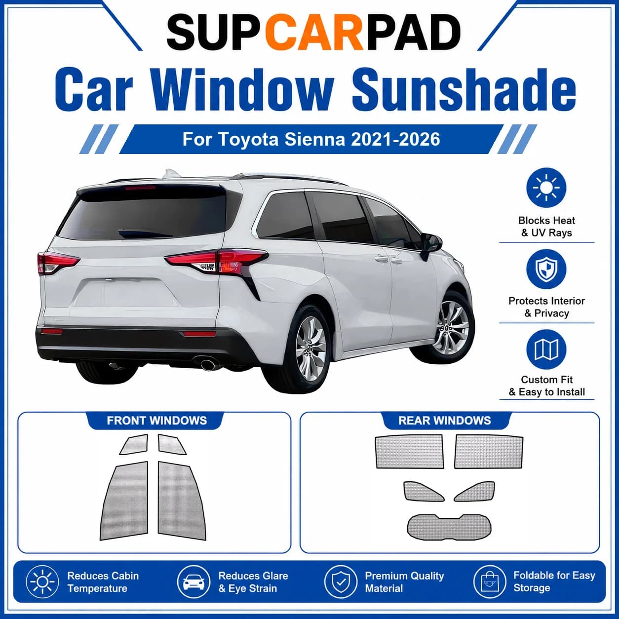 For Toyota - Toyota Sienna 2021-2026 Full Set Car Window Sunshades UV Block Privacy Heat Insulated Foldable Car Curtain