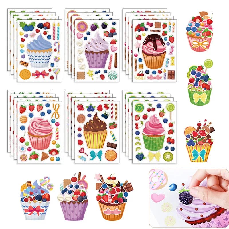 Crea un cupcake fogli adesivi per bambini Dolce Crea il tuo cupcake Adesivi puzzle fai da te Regali di compleanno per bambini Decalcomanie per feste