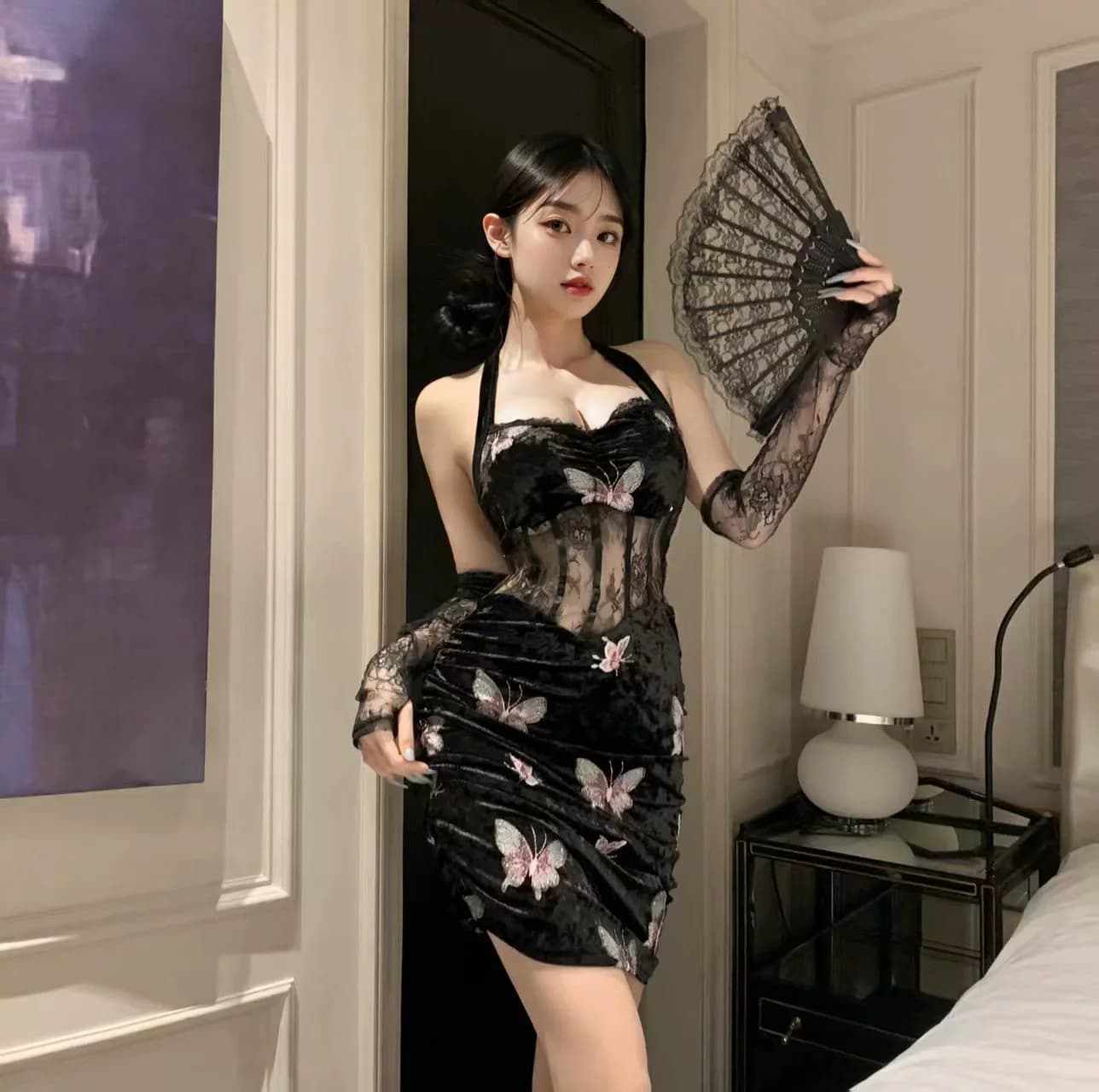 Women's New Velvet Slimming Butterfly Embroidery Hanging Neck Bag Hip Skirt See-through Strands of Sexy Lingerie Sexy Big Halter