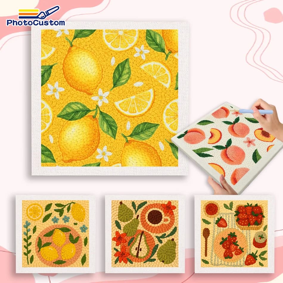 PhotoCustom Lemon Punch Needle Kits Painting Decor Fun Crafts For Adults Fruit Punch Needle Supplies Personalized Gift Embroider