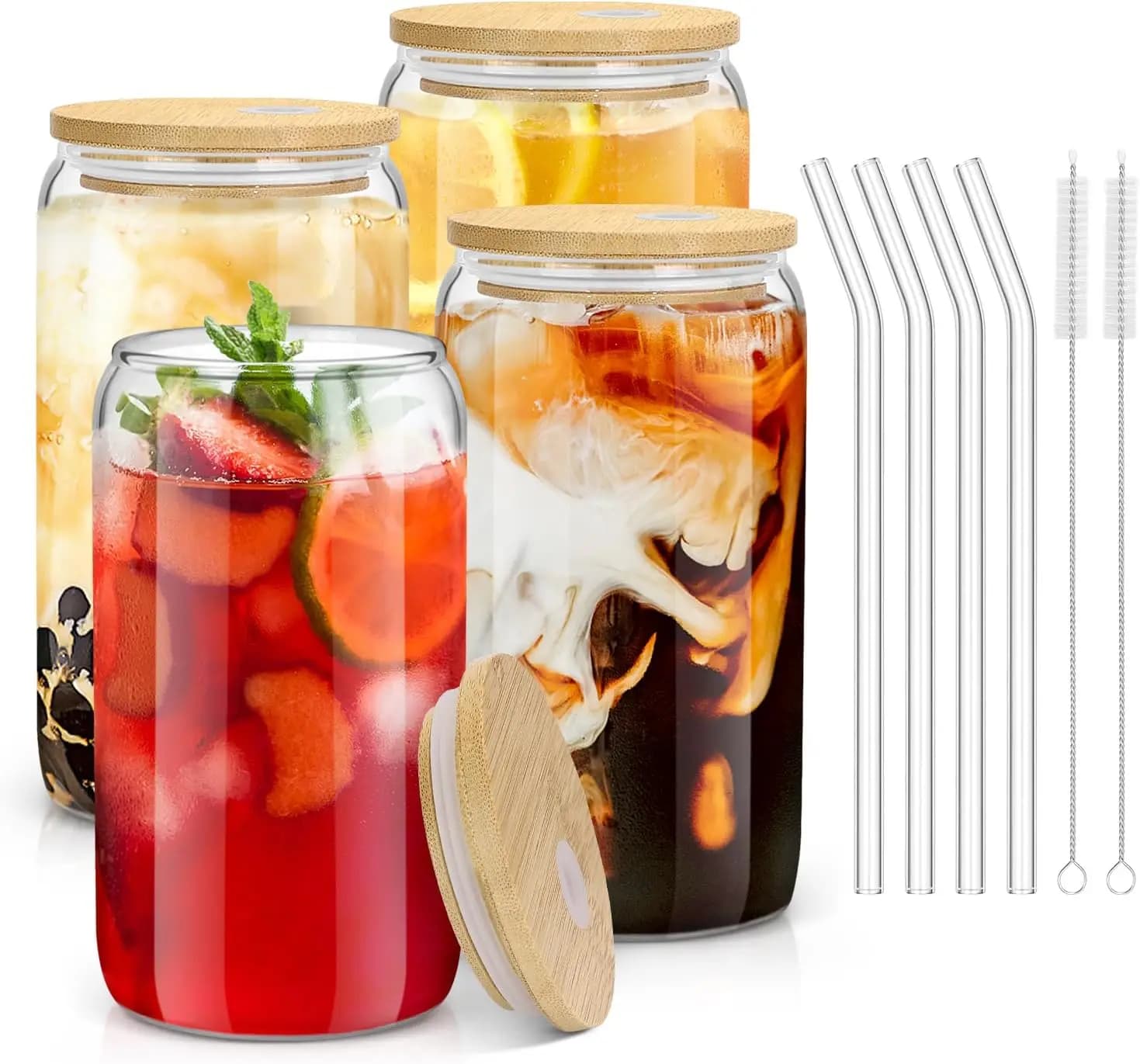 4 18.6 Oz/550 ml glasses with bamboo covers and glass glasses with strawberries, iced coffee glasses, pretty ice tea glasses, beer