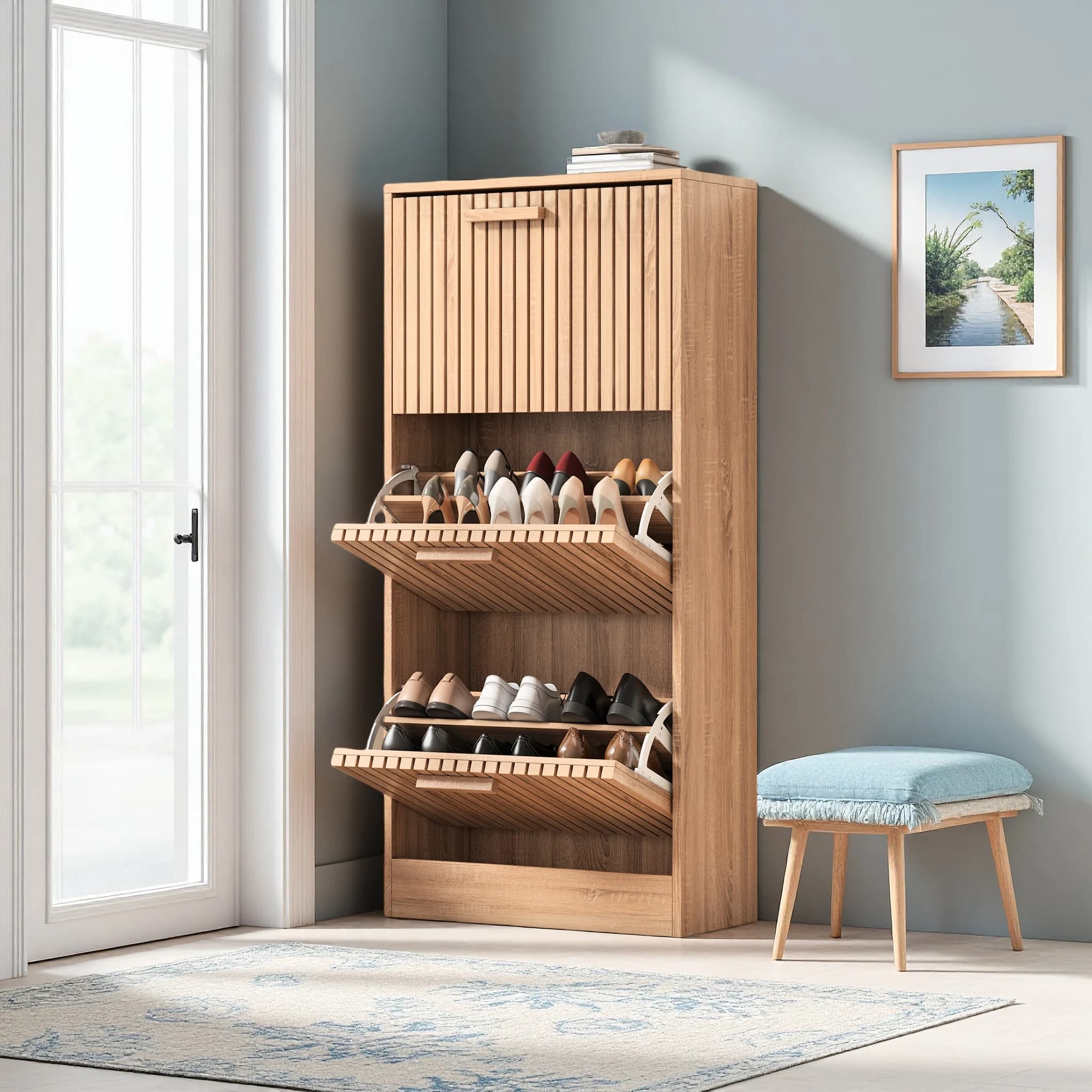 Creahappy Country Scarpiera Organizzatore di scarpe Scaffale per scarpe con 3 cassetti ribaltabili Scarpiera in legno nascosto per corridoio d'ingresso di casa