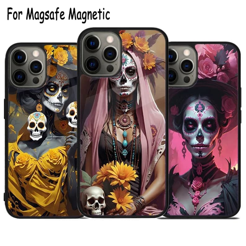 Cover Magnetica Wireless Magsafe con Design Teschio Messicano Tatuato per iPhone 17 Air 15 16 16e 14 13 11 12 Pro Max Plus