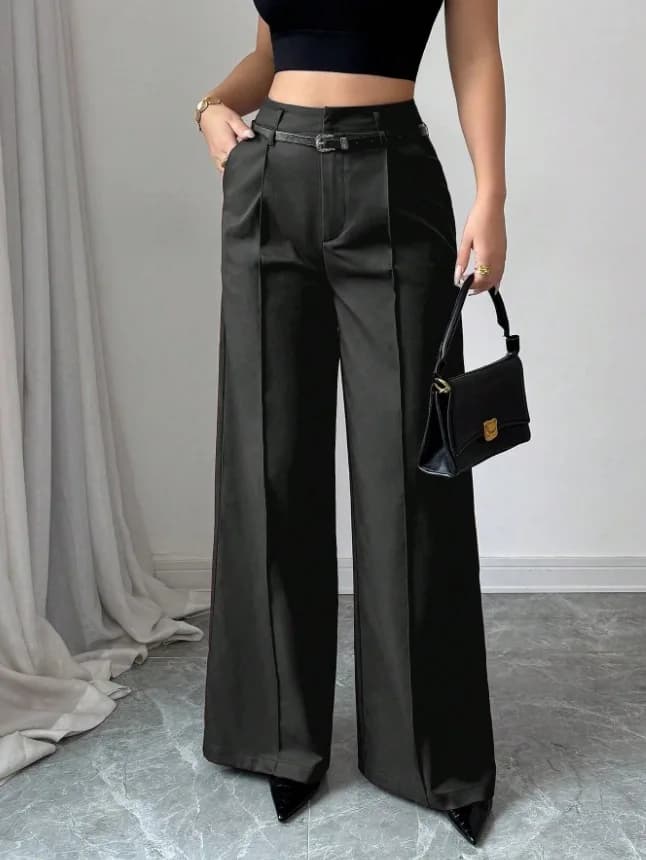 High Waist Pleated Wide Leg Pants Women Fashion Belt Decor Loose Formal Office Suit Trousers