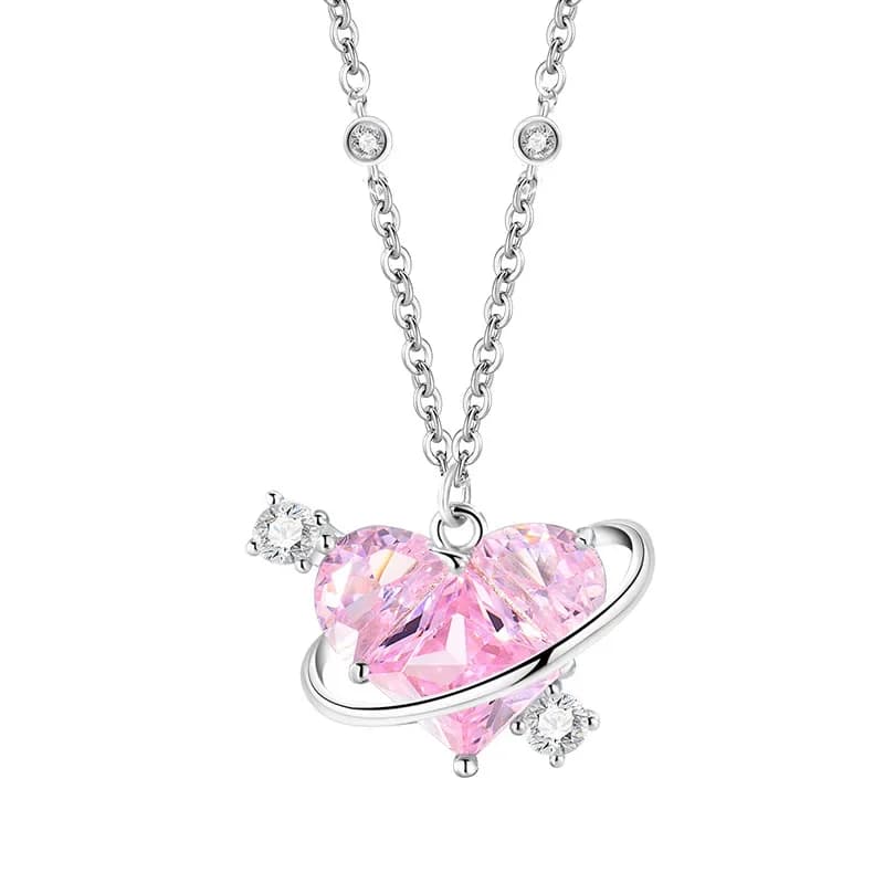 Pink Crystal Heart Planet Pendant Necklace for Women Dainty Saturn Love Heart Zircon Choker Sweet Romantic Clavicle Chain Jewelry Gift
