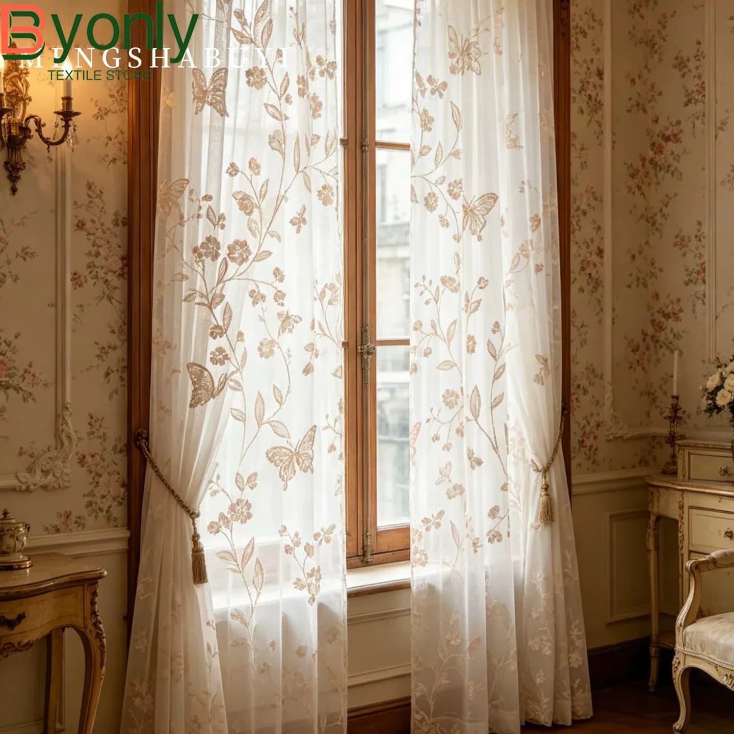 New French retro hollowed out butterfly lace screen curtains for living room bedroom french window balcony window customized