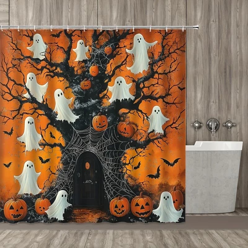 Tenda da doccia con albero di pipistrello, zucca fantasma, tema raccolto di Halloween, con ganci, tessuto in poliestere, stile cartone animato