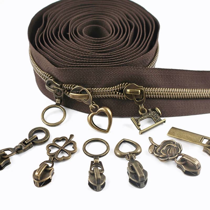 2/5/10M 5 # Cerniere in nylon color bronzo con tiranti, cerniere a spirale in plastica per chiusure di borse e vestiti, kit di riparazione per cucito