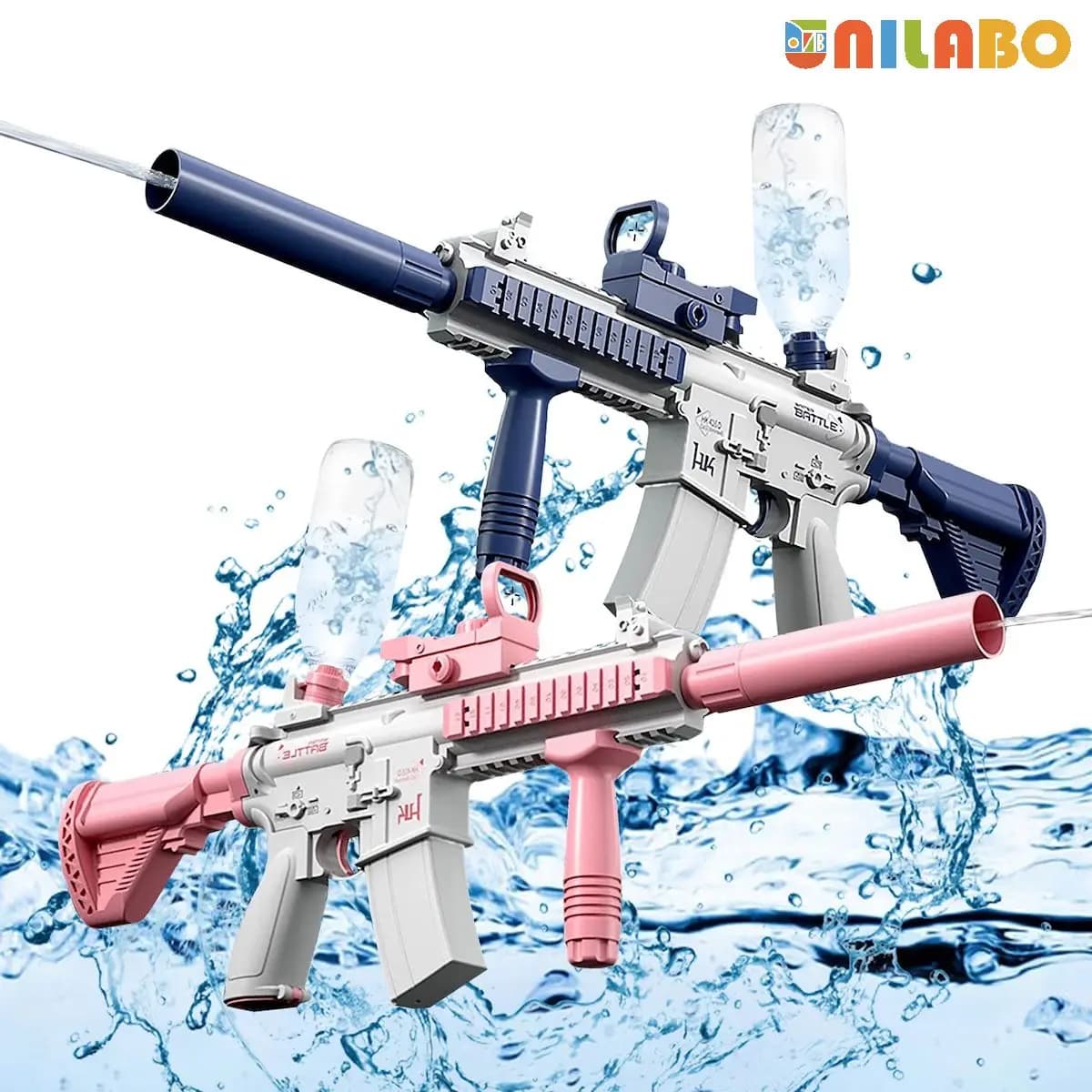 Unilabo M416 Electric Water Gun - Battery Powered with Outdoor Water Bottle Attachment - Perfect for outdoor fun for children and adults