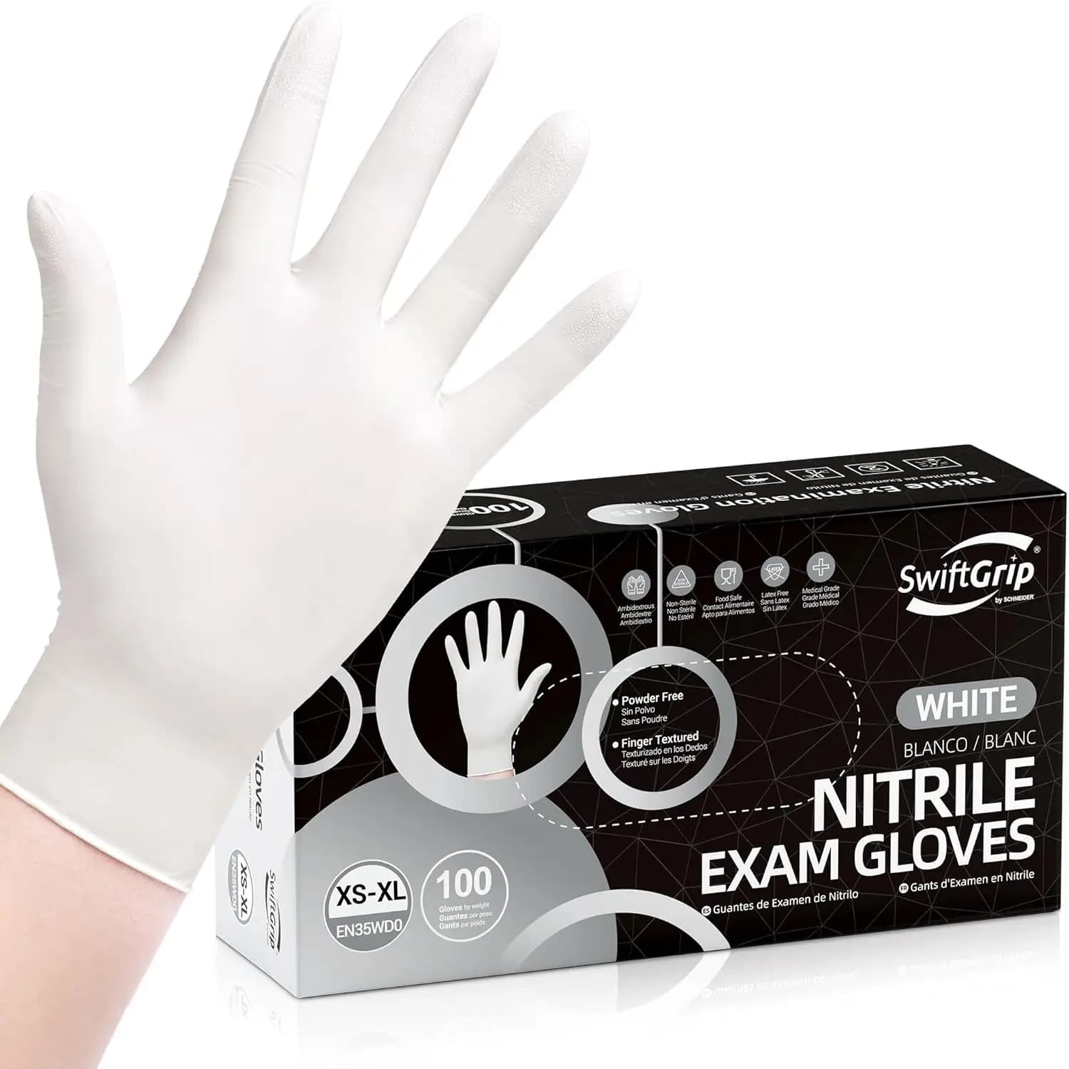Guanti Monouso in Nitrile per Esami, 3 mil, Taglia Media, Confezione da 100, Bianchi, Senza Lattice, Senza Polvere