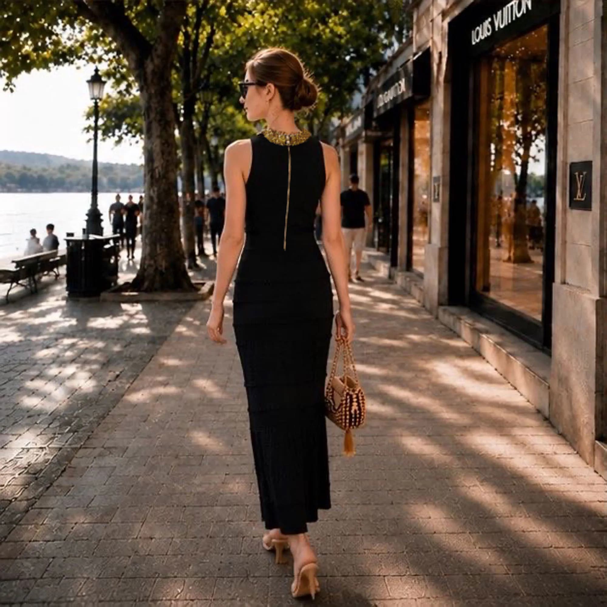 Luxury Heavy Beaded Halter Neck Maxi Dress Women Elegant Black Knitted Long Dresses Sexy Bodycon Evening Party Vestidos DM3BDR00