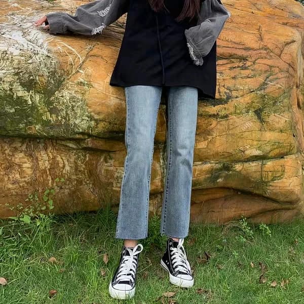 High Waist Denim Jeans Women's Spring Summer Thin Straight Vintage Blue Small Size Nine Points Loose Slimming Frayed Hem