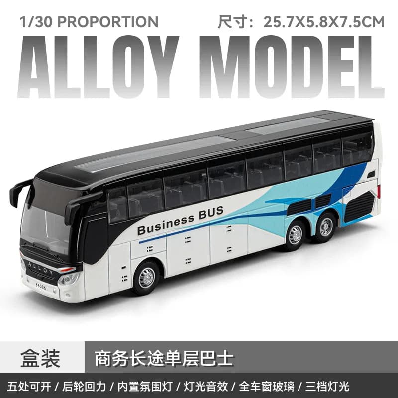 1:30 Business Long Distance Kids Toy Bus Car Boy Diecast Metal Model Pull Back Miniature Sound Light Educational Collection Gift