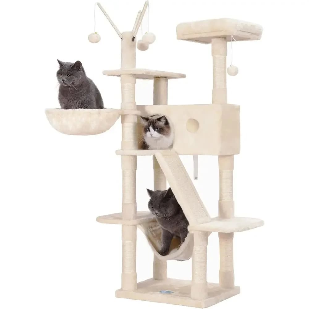 Albero per gatti da interno grande beige con 61 elementi, cuccia imbottita, palline giocattolo, casetta accogliente, amache e posti per grattare in sisal - Offerta a tempo limitato