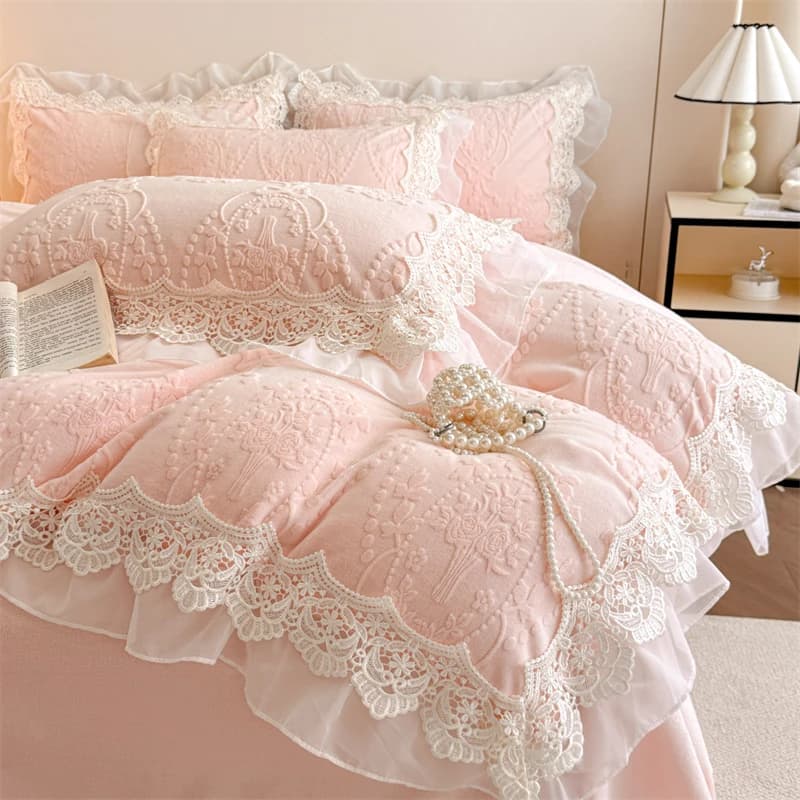 Set di biancheria da letto vintage francese a doppio strato con volant in pizzo Set copripiumino invernale in velluto intagliato Federe per lenzuolo piatto/con angoli 4 pezzi