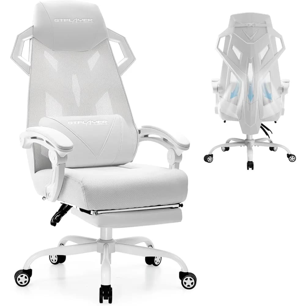 GTPLAYER Sedia da computer con poggiapiedi regolabile, sedia da gioco ergonomica con poggiatesta e supporto lombare, rete traspirante Offic