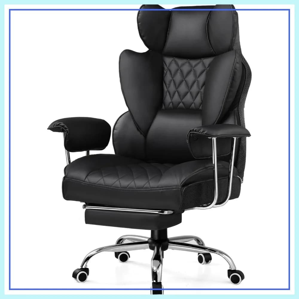 Sedia da Ufficio Ergonomica con Supporto Lombare a Molle Insacchettate, Seduta Larga, Poggiapiedi Regolabile, in Pelle PU, Nera