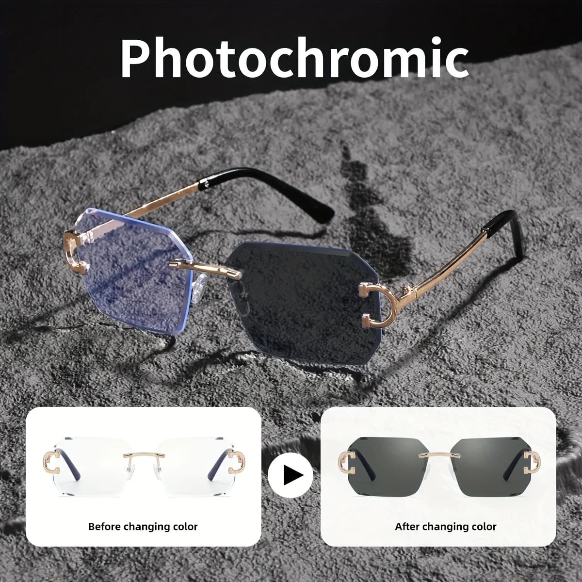 A pair of stylish frameless men's multi-faceted cut sunglasses, large lenses with luxury metal embellishment, blending classical charm with modern fashion, suitable for a variety of occasions