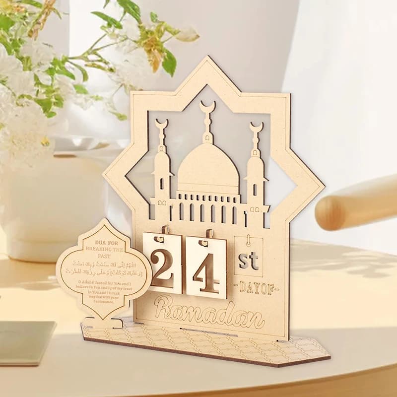 Calendario Conto alla Rovescia in Legno Eid Mubarak con Motivo Luna e Moschea, Blocchi Numerici Regolabili, Decorazione per Casa, Regalo per il Ramadan