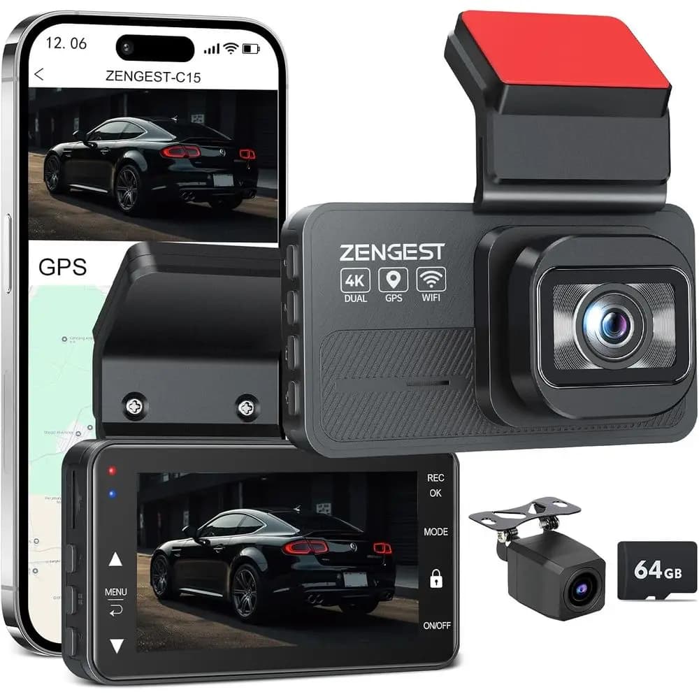 Dash Cam Dual 4K e 1080P con ADAS, GPS, 5G, Controllo App, Scheda 64GB, G-Sensor, Visione Notturna, Registrazione in Loop, 170° ° Grandangolare, WD