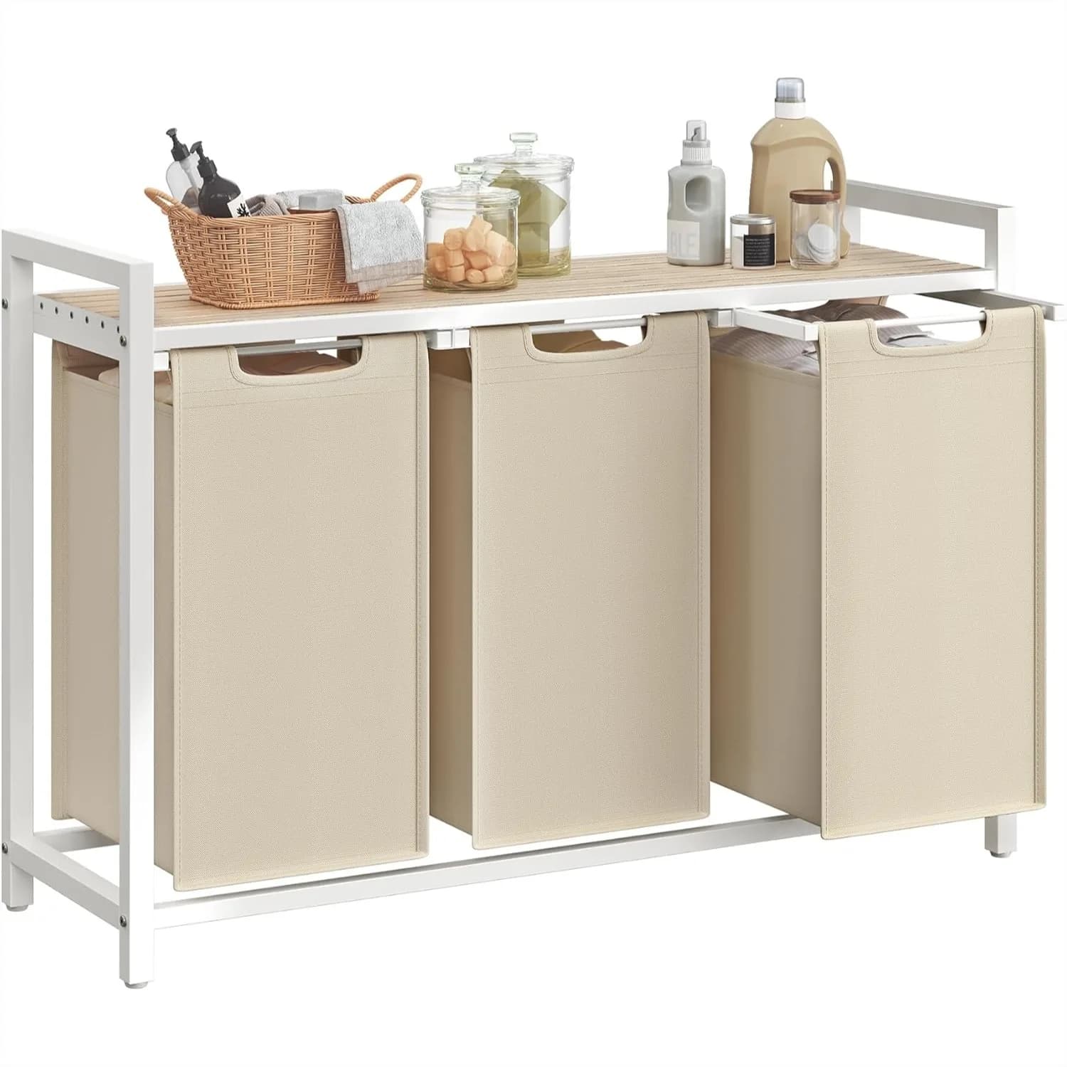 Cesto Portabiancheria con 3 Sacchi Rimovibili, Struttura in Metallo, 10,6 Galloni Ciascuno, 36,4x13x28,4 Pollici, Beige Cappuccino
