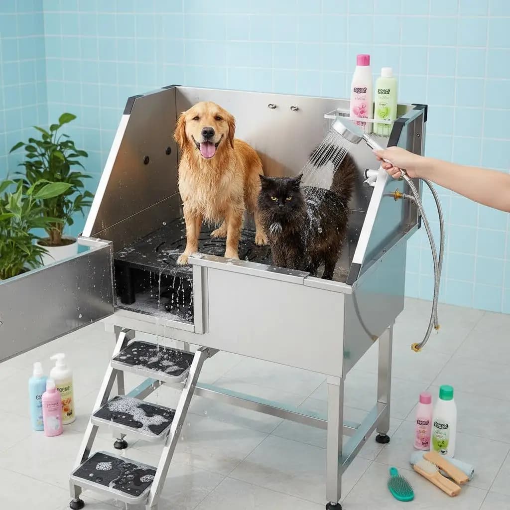 Stazione per Toelettatura e Bagno Animali Domestici da 38 Pollici per Bagno di Casa, Salone per Animali, Giardino, con Rubinetto Doccia, Scala di Accesso, per Animali di Piccola e Media Taglia