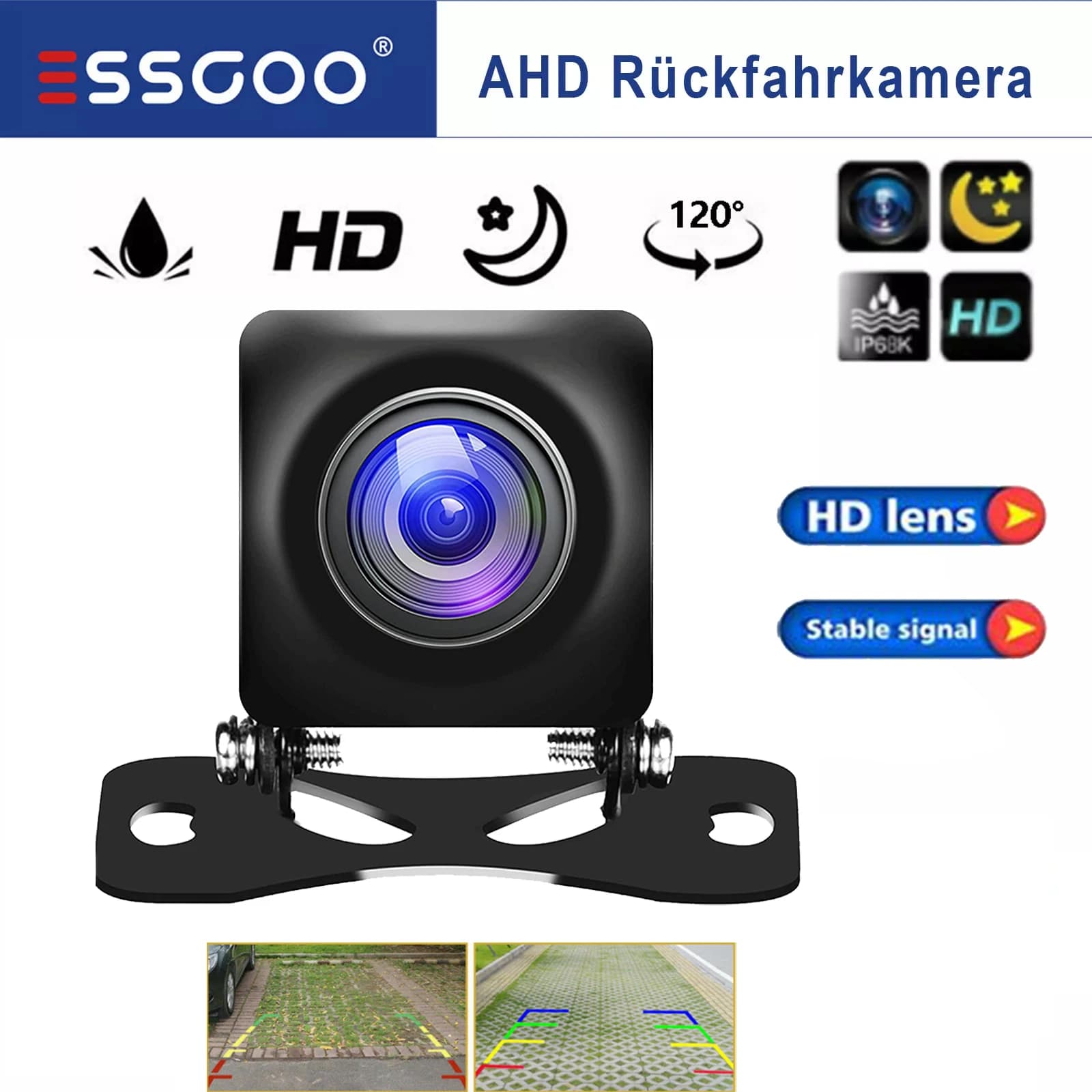 ESSGOO Camera Retromarcia Universal HD AHD 12V for Auto Night Vision Camera Retromarcia IP68 Waterproof Angle 120°