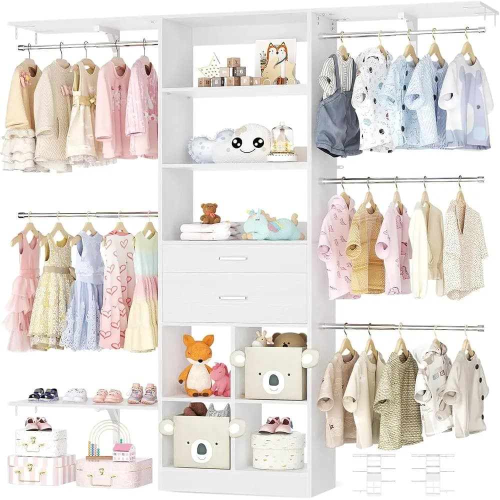 Sistema Armadio Walk-In Bianco da 60 Pollici: Organizzatore per Bambini con 5 Aste e 3 Ripiani Reversibili