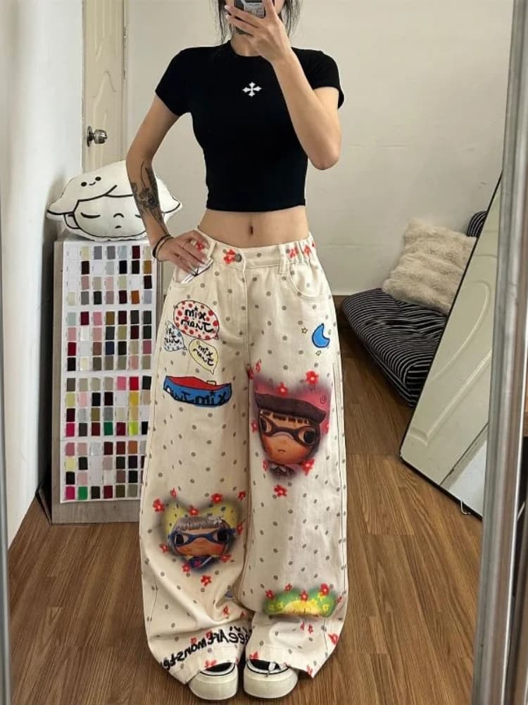 Retro American Painted Polka Dot Denim Jeans Women's Summer Large Size Casual Straight Leg Jeans Digital Print High Waist Wid...